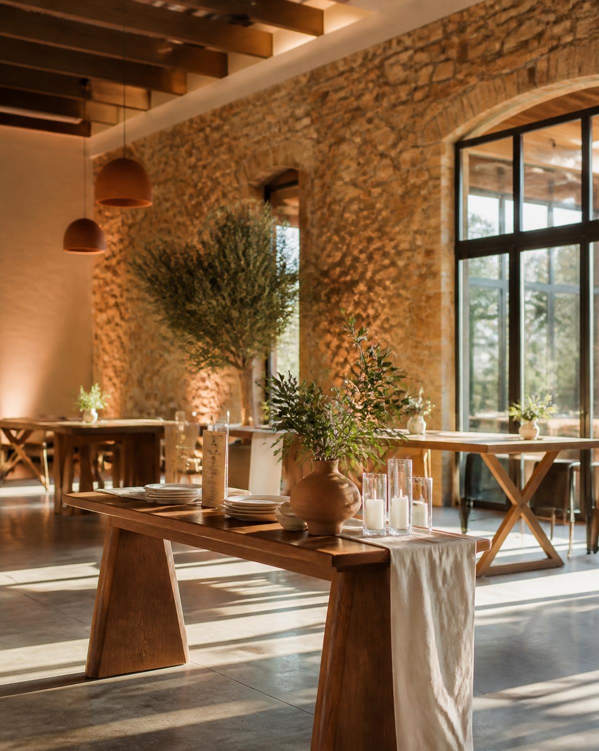 Elegant sunlit event space with stone walls and wooden tables
